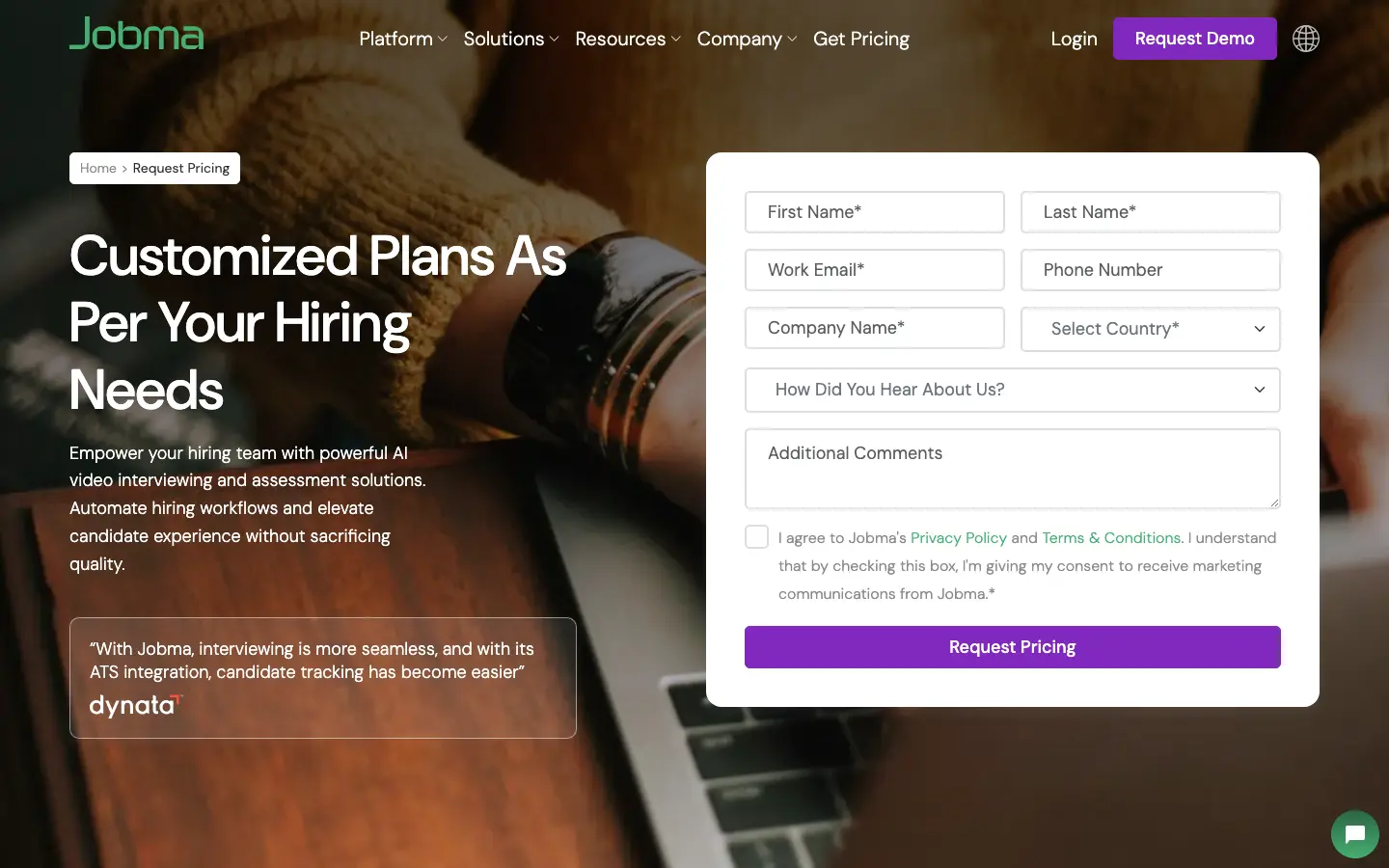 Jobma pricing page: a request-pricing form with no published prices