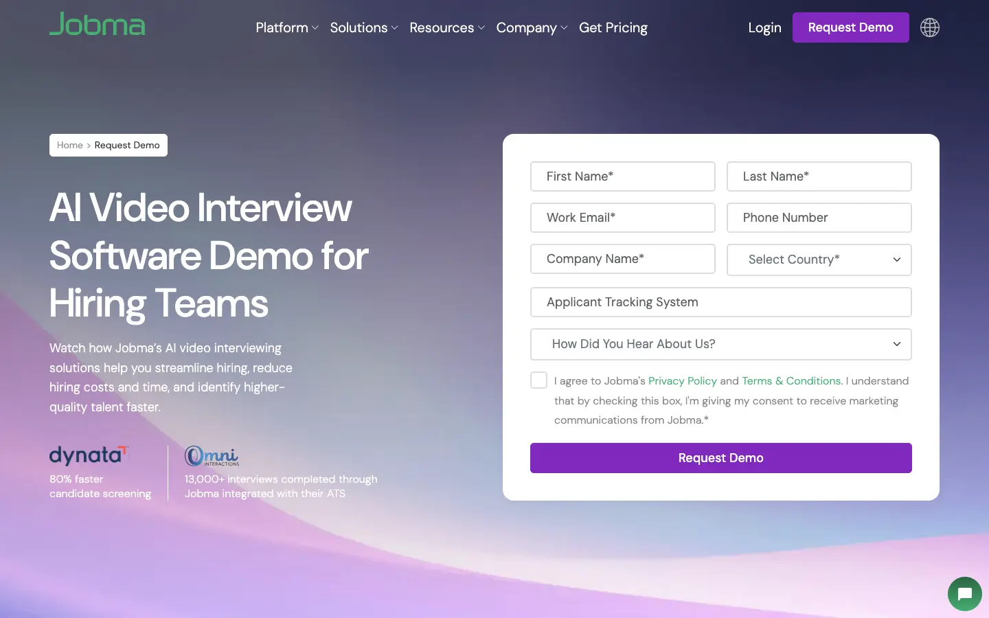 Jobma request-demo form required before any trial