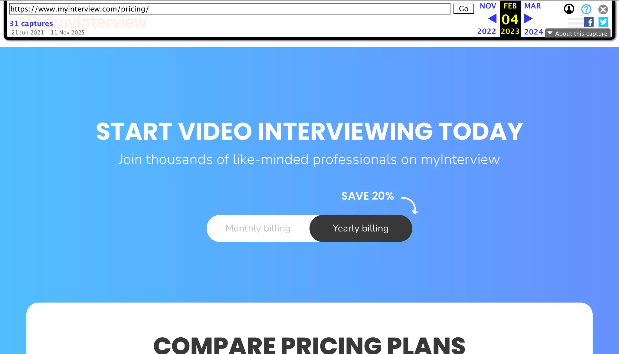 Archived myInterview pricing page from February 2023, showing a monthly and yearly billing toggle, a SAVE 20% badge and a COMPARE PRICING PLANS table.