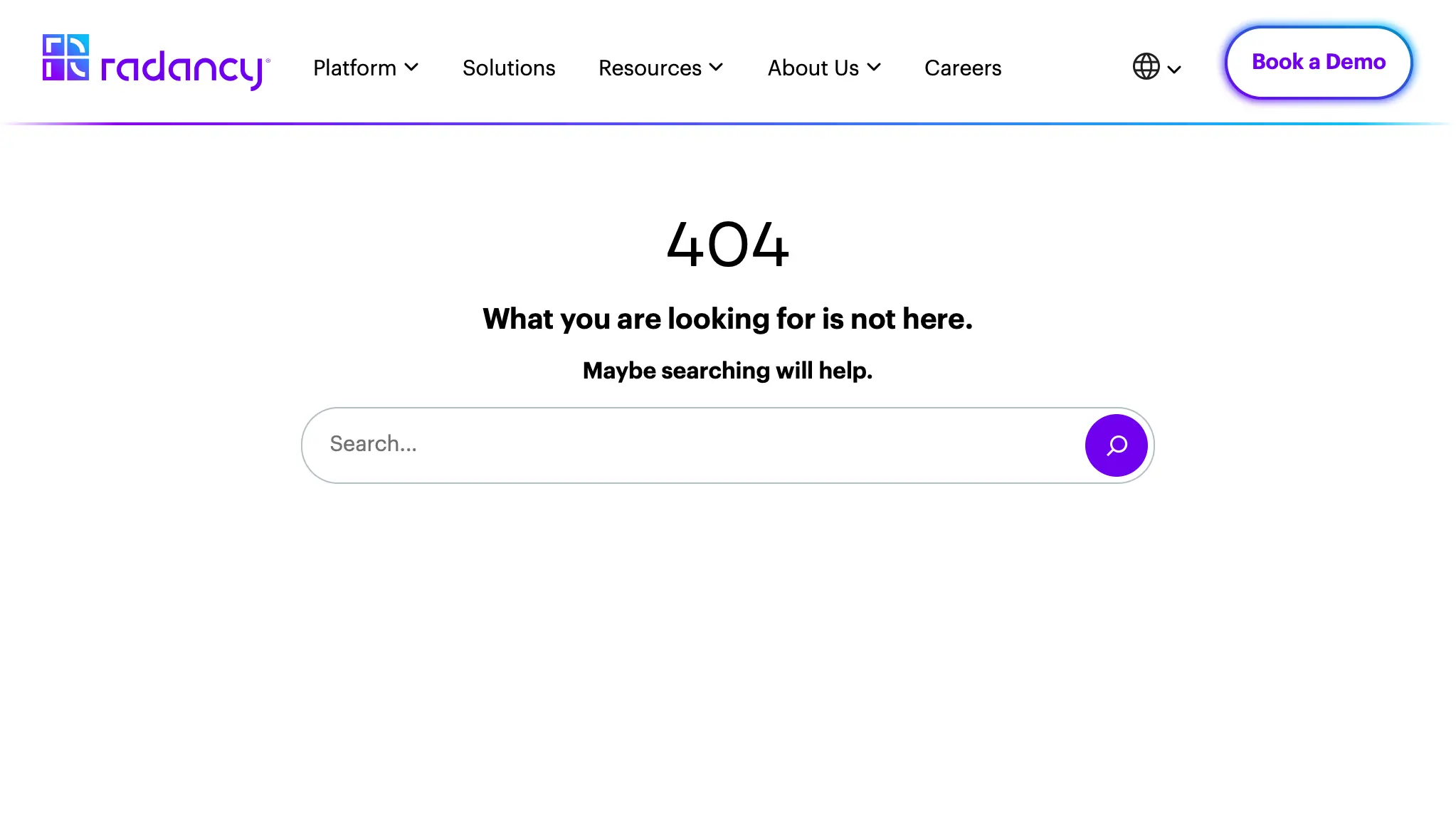 The old myinterview.com/pricing URL dead-ending on a Radancy 404 page that reads "What you are looking for is not here."