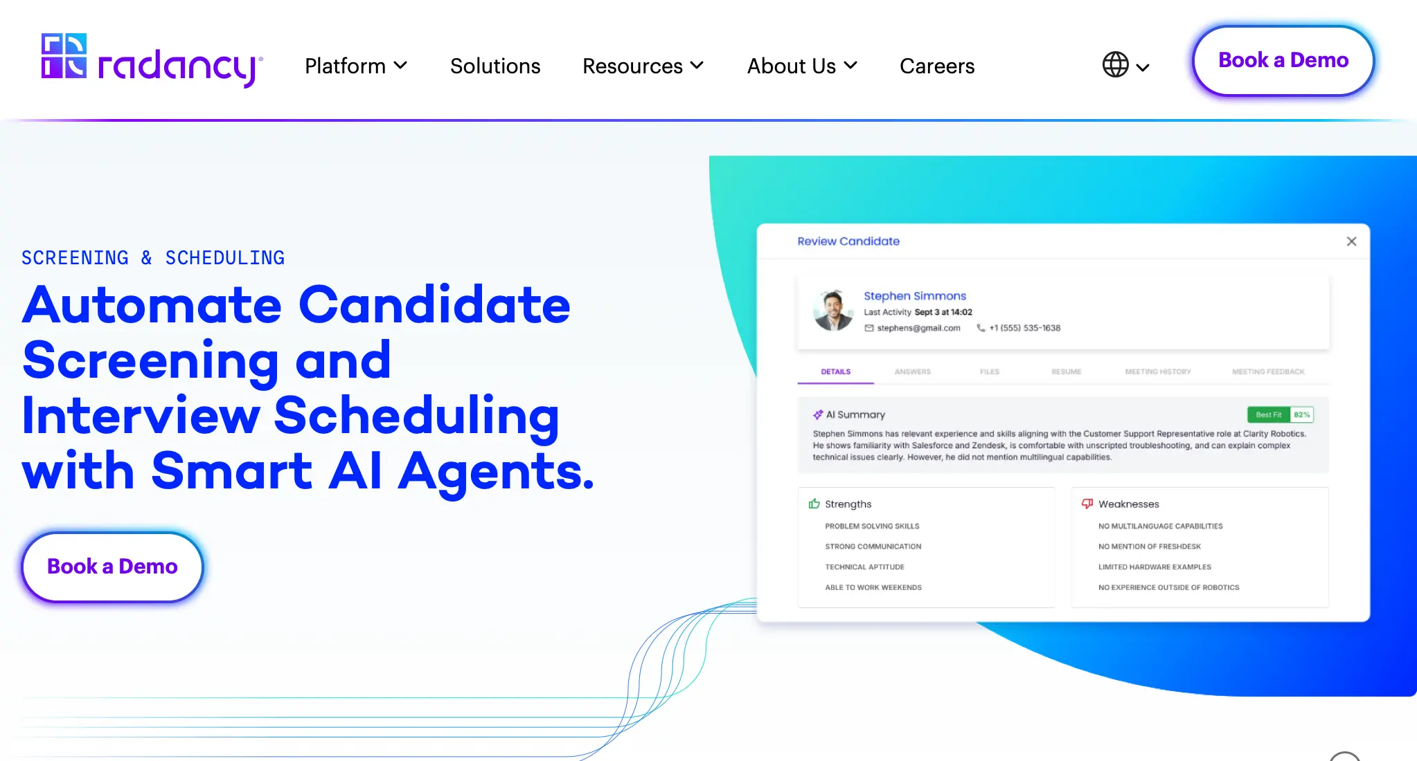 Radancy Screening and Scheduling page, where the capability is now sold, with "Book a Demo" as the only call to action and no price, trial or signup on it.