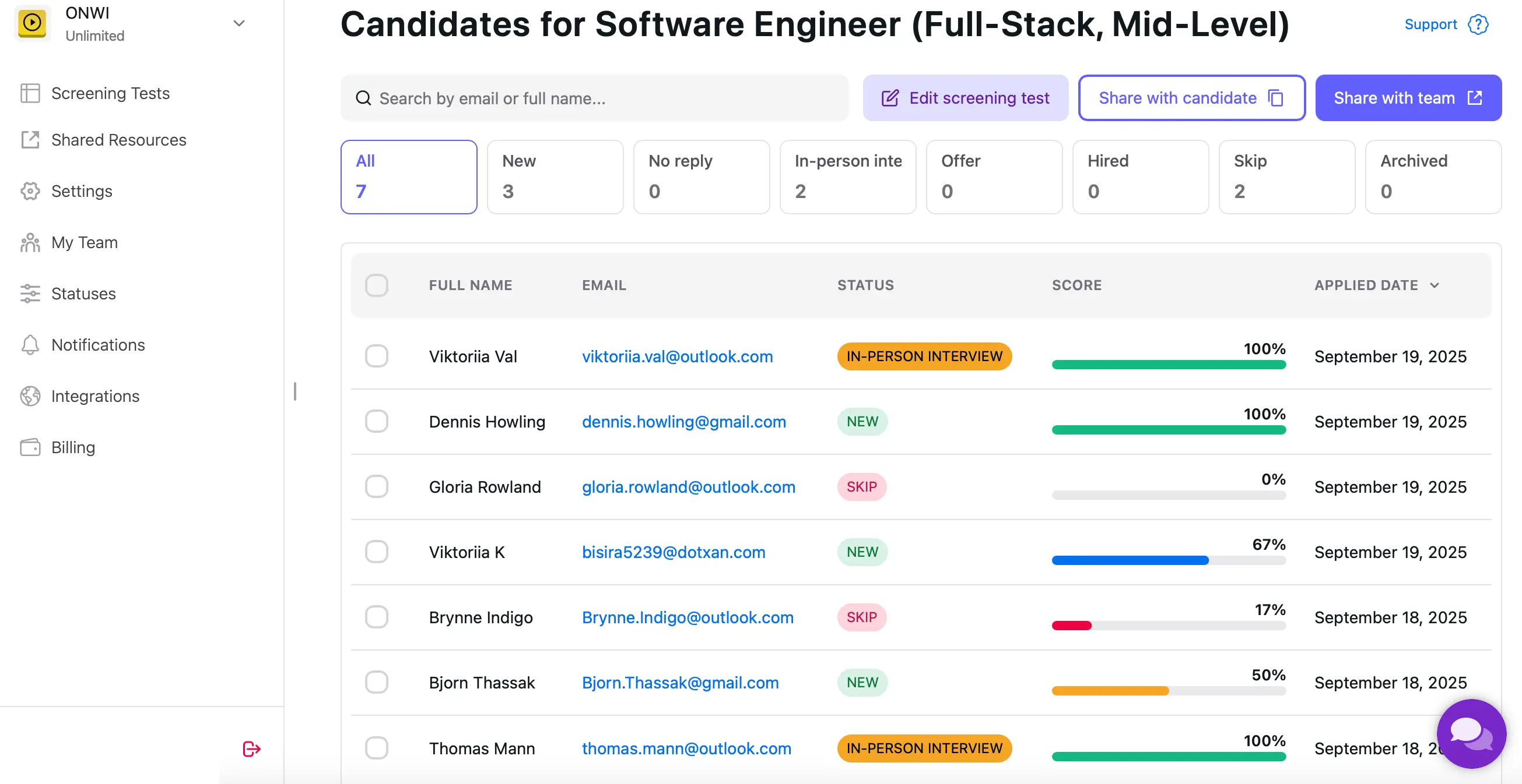 1WayInterview General candidate dashboard