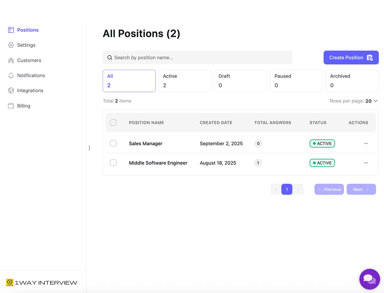 1Way Interview positions dashboard, reachable by signing up without a sales call