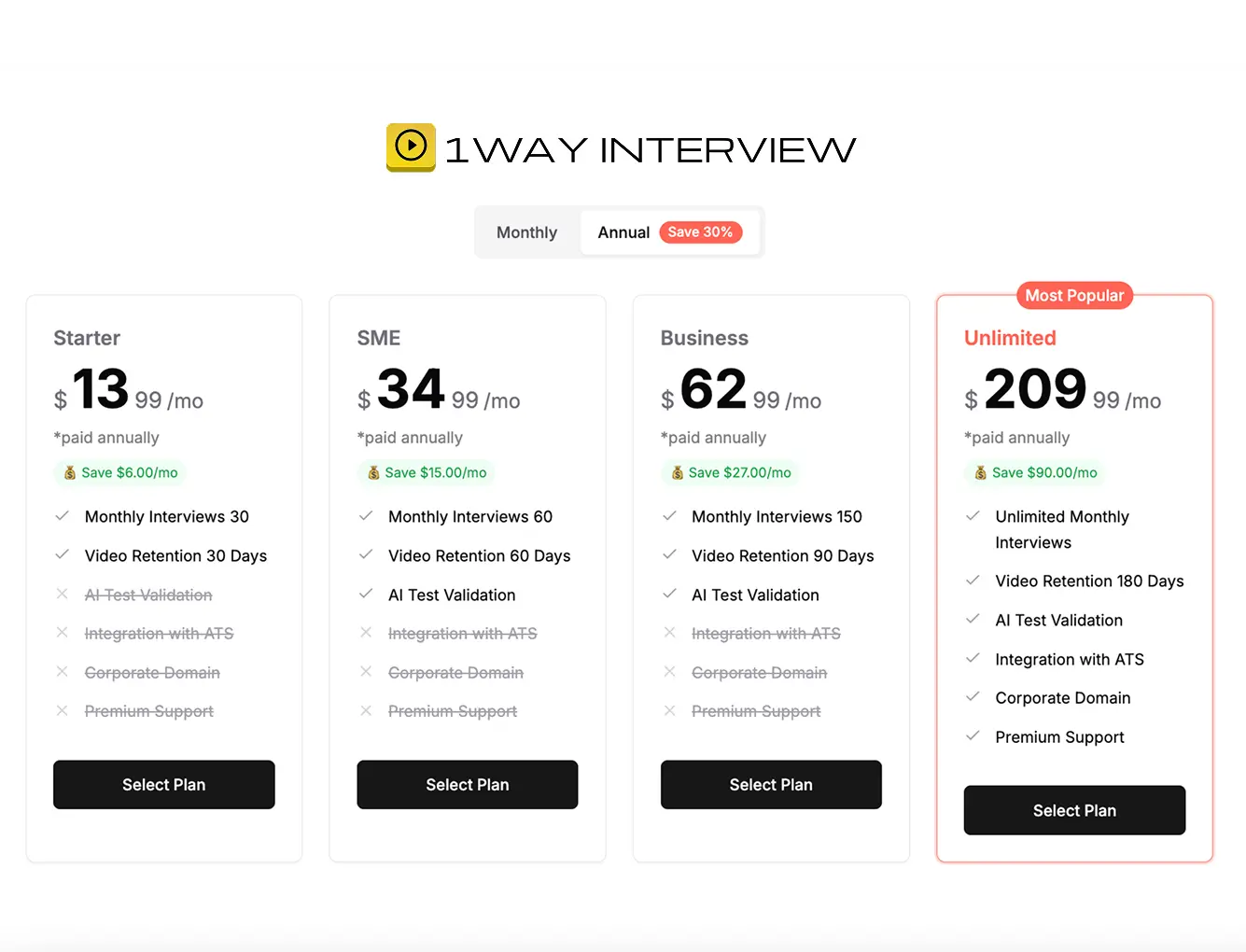 1WayInterview Pricing Plans