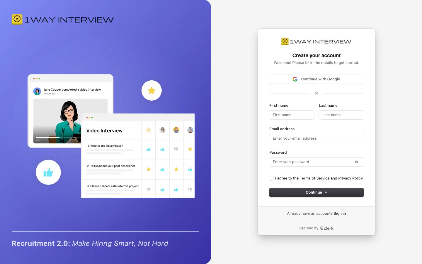 1WayInterview sign-up: create your account with name, email, and password