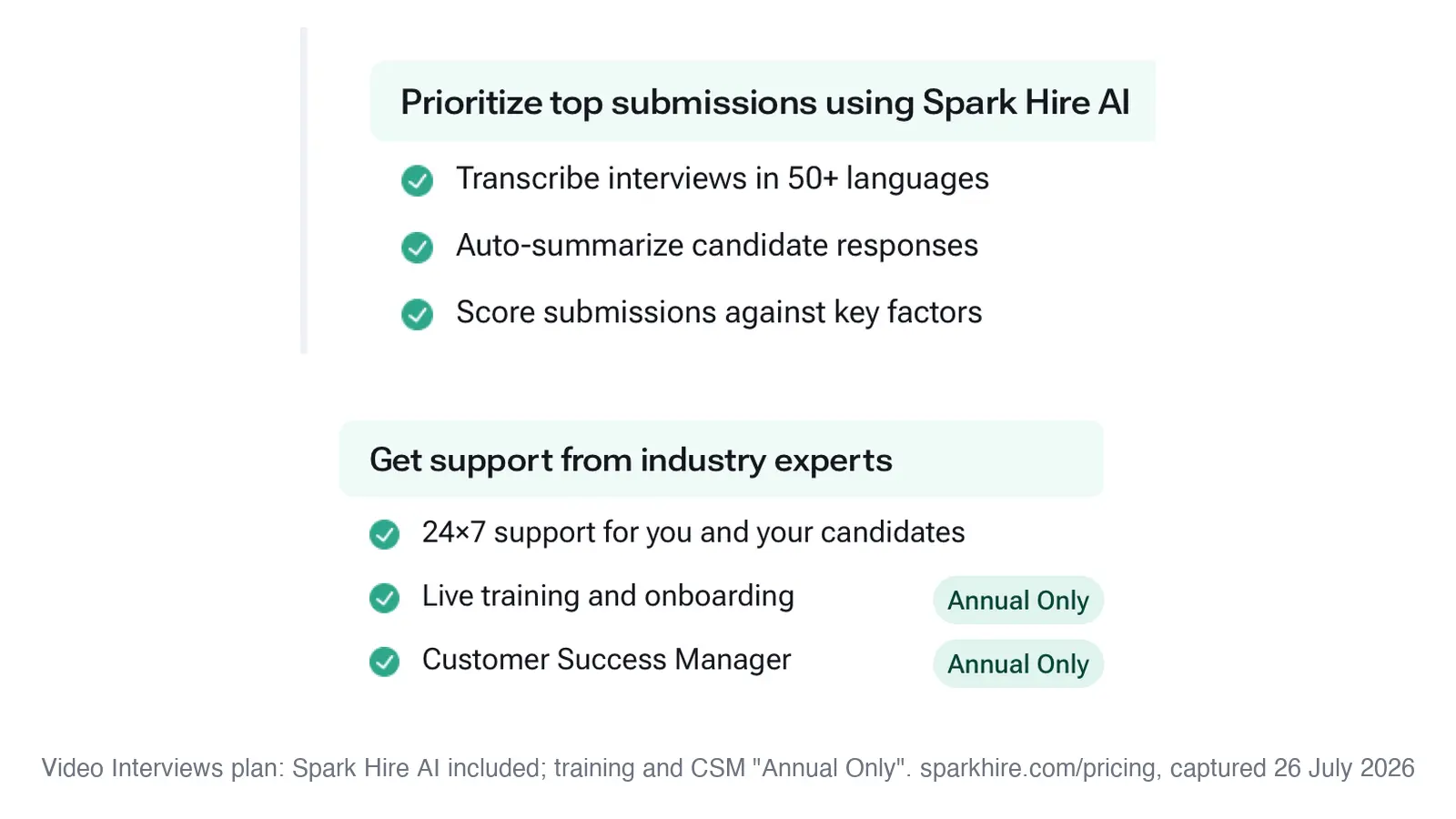Spark Hire AI features included on the video interview plan; live training and customer success manager marked Annual Only