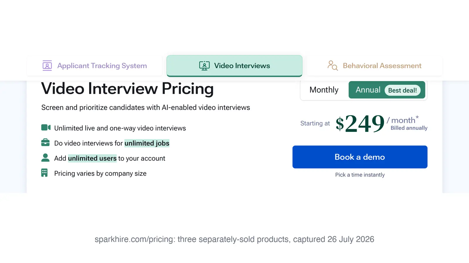 Spark Hire pricing page with three product tabs: Applicant Tracking System, Video Interviews, Behavioral Assessment