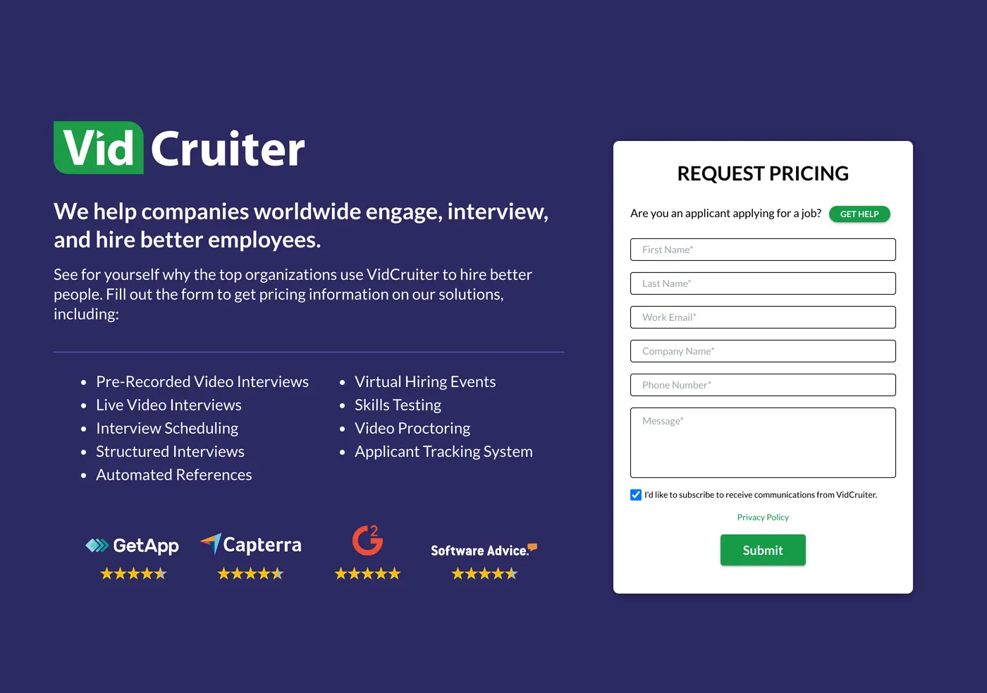 VidCruiter pricing page: no prices or tiers listed, only a REQUEST PRICING form asking you to fill out the form to get pricing information