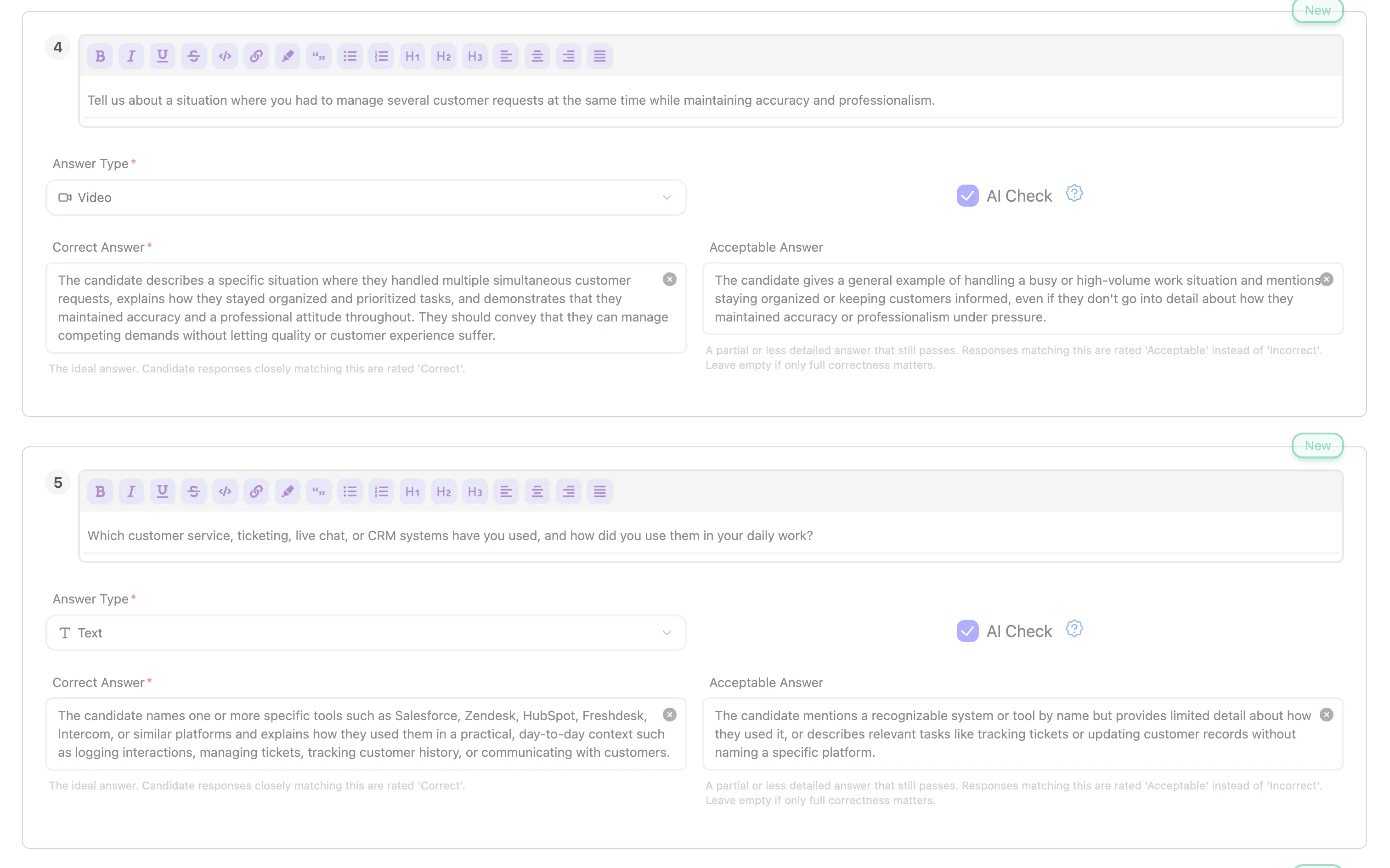 Two AI-generated interview questions, a video behavioral question and a text knowledge question, with Correct Answer and Acceptable Answer rubrics