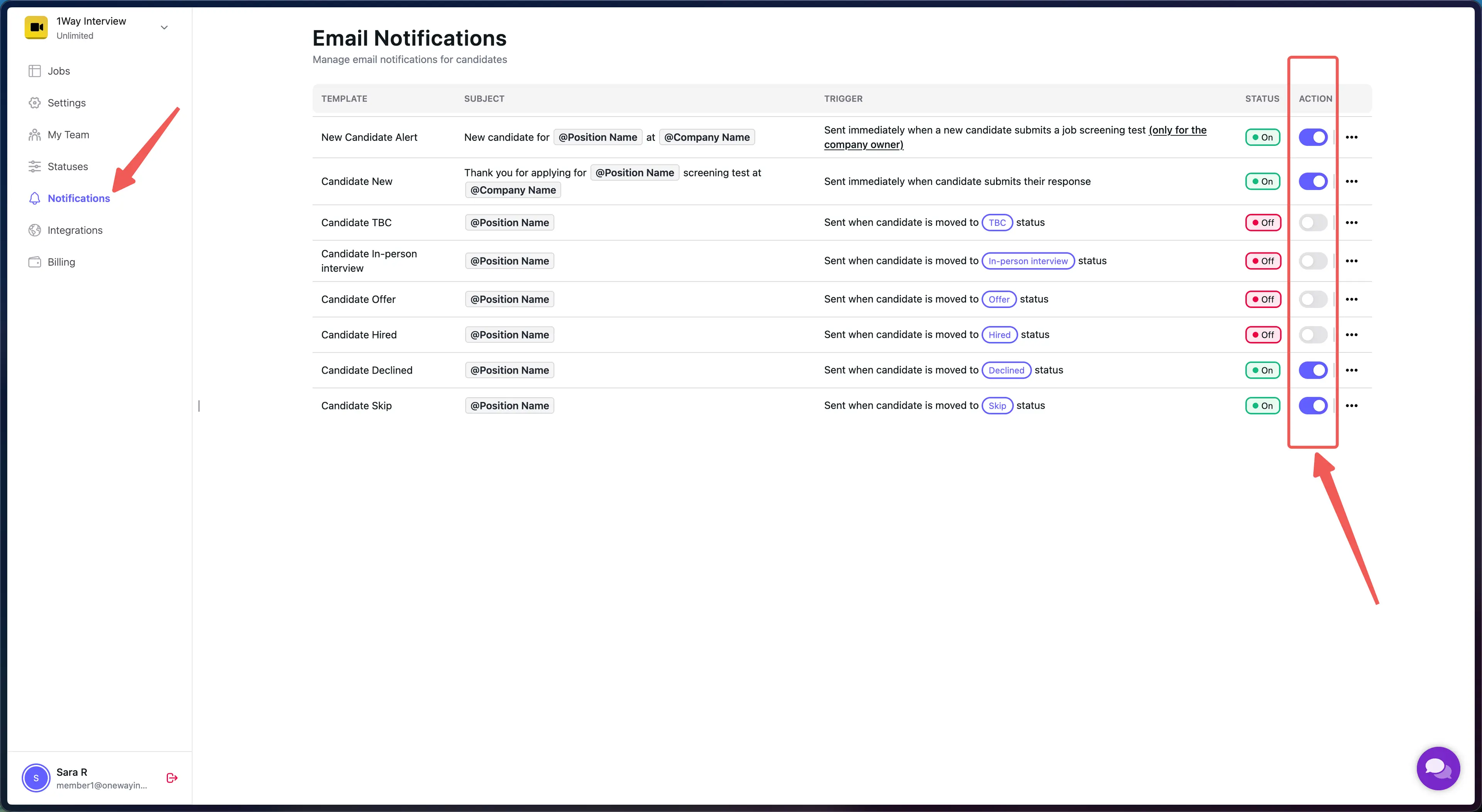 Screenshot of the 1Way Interview Notifications page showing on/off toggles for each candidate email template: New Candidate Alert, Candidate New, Candidate TBC, Candidate In-person interview, Candidate Offer, Candidate Hired, Candidate Declined, and Candidate Skip.