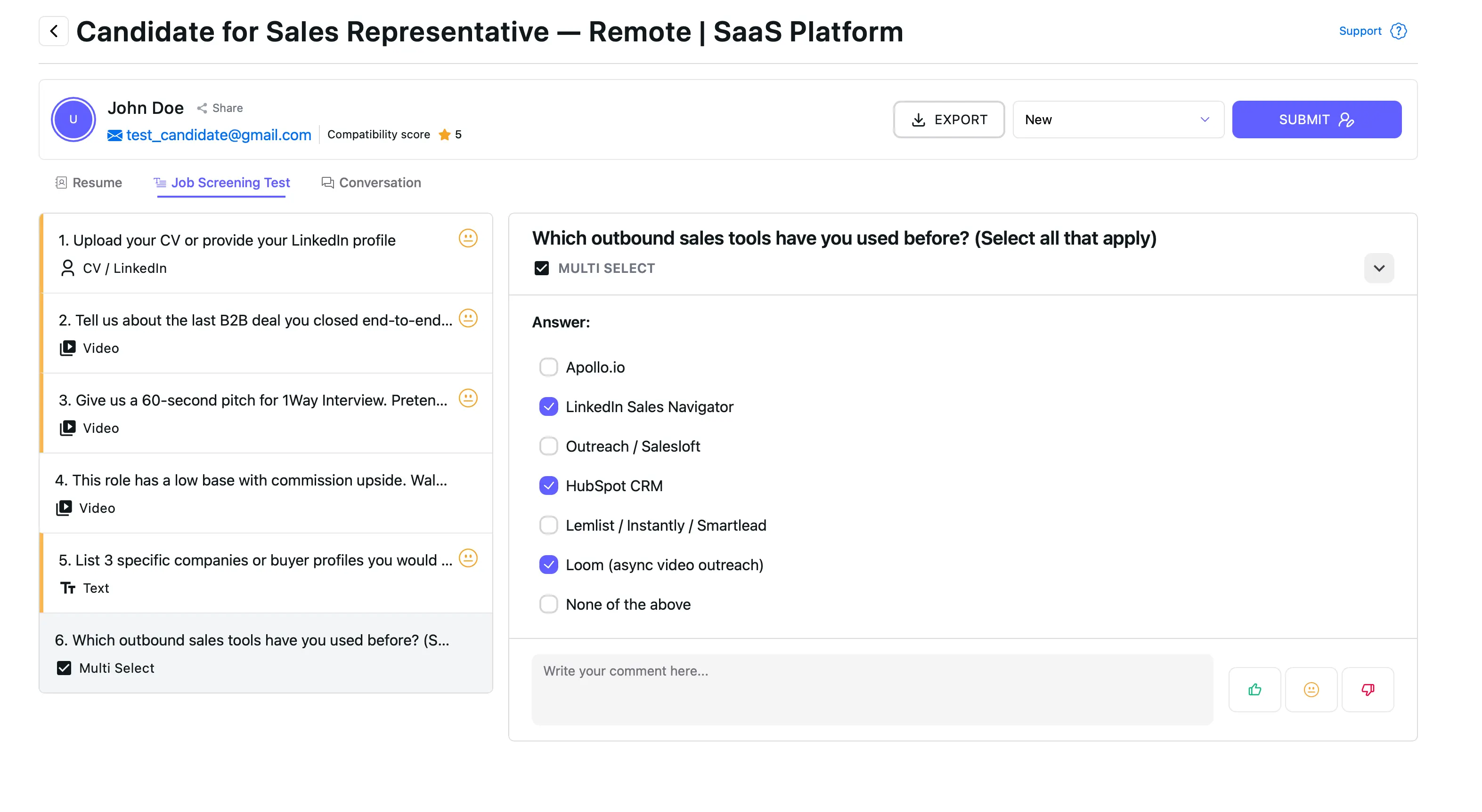 Candidate page in 1WayInterview with the Export button highlighted at the top right, next to the status dropdown
