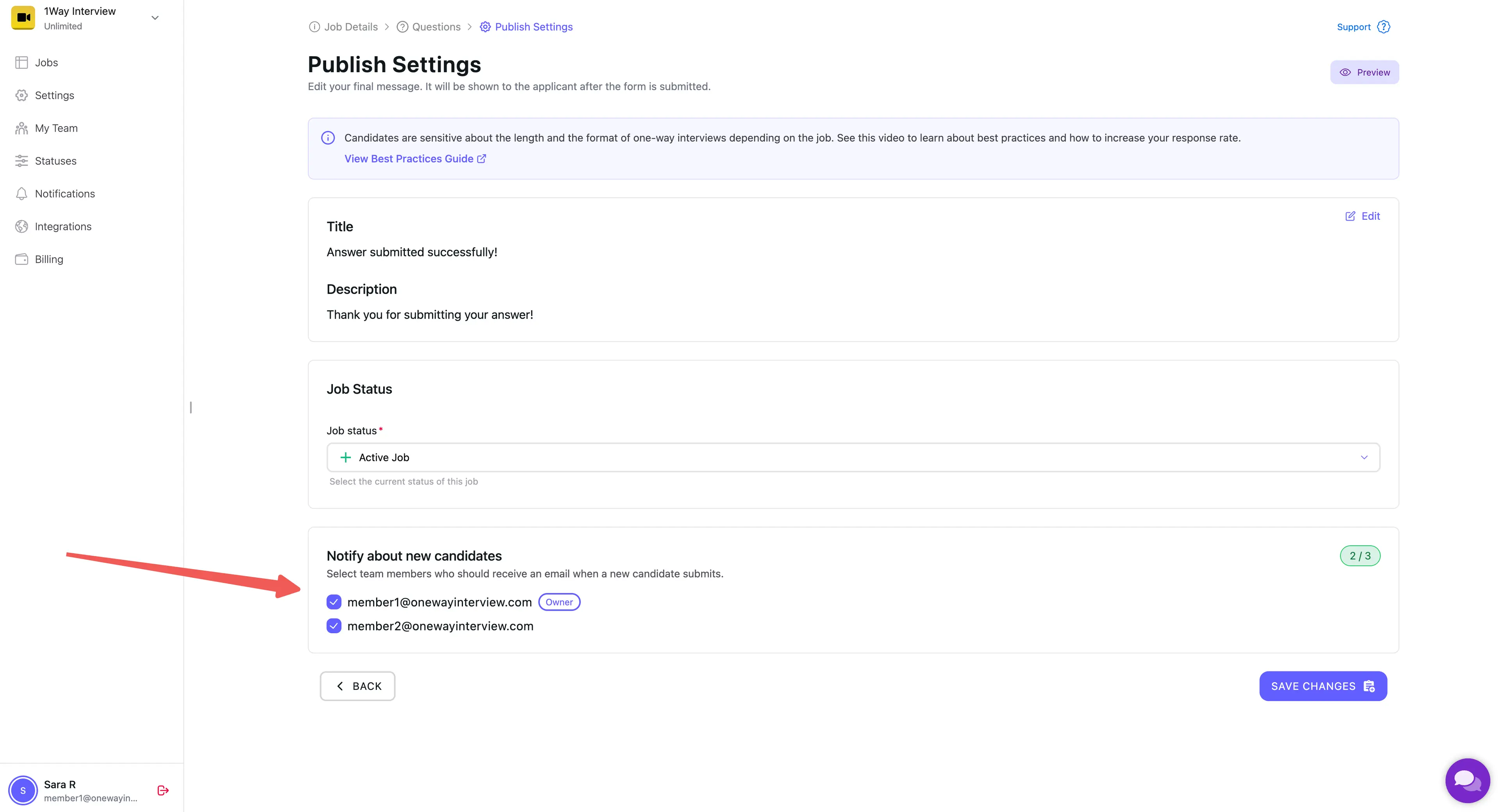Screenshot of the Publish Settings step on a 1Way Interview screening test, showing the Notify about new candidates section with checkboxes next to each team member's email address.