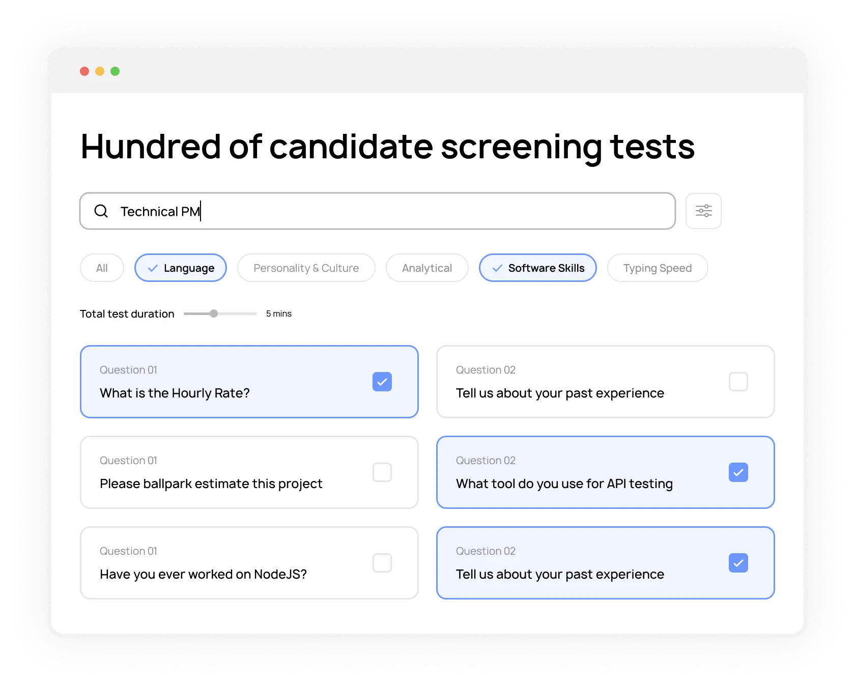 Screenshot of library of candidate screening tests